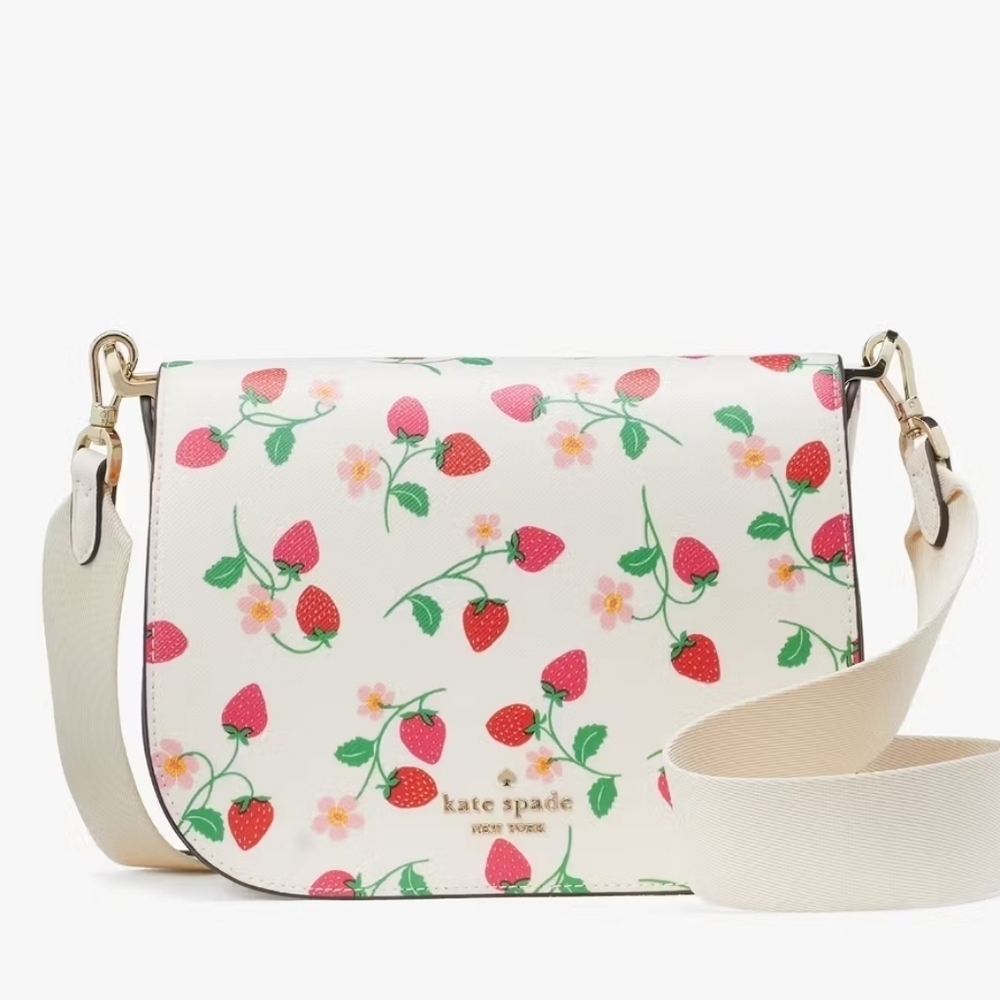 🍓▪️Kate Spade▪️ Madison Strawberry Vine Printed Saffiano Saddle Bag, Cream